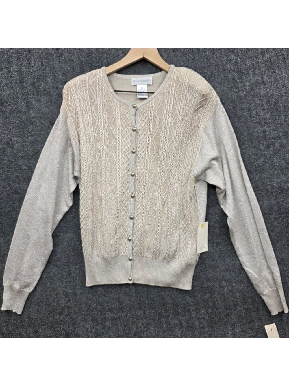 Vintage 90s Metallic Cable Knit Cardigan L Beige Pearl Button Cottagecore Layers